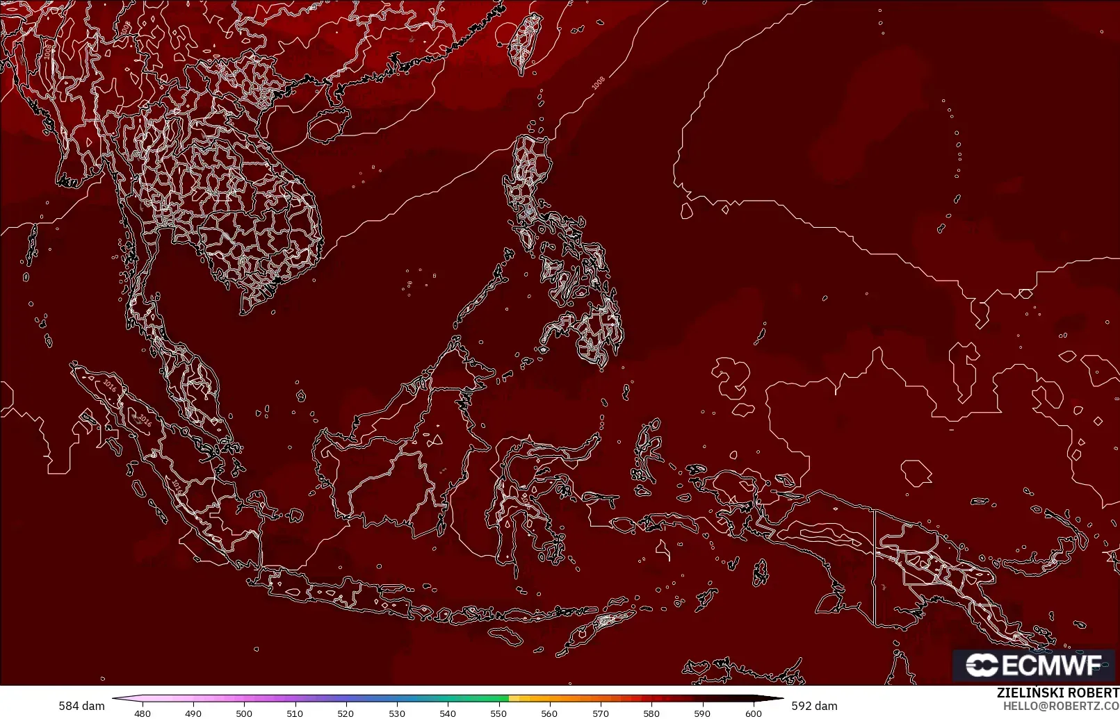 ECMWF IFS 0.25° modelo - Sudeste Asiático, Altura geopotencial a 500 hPa