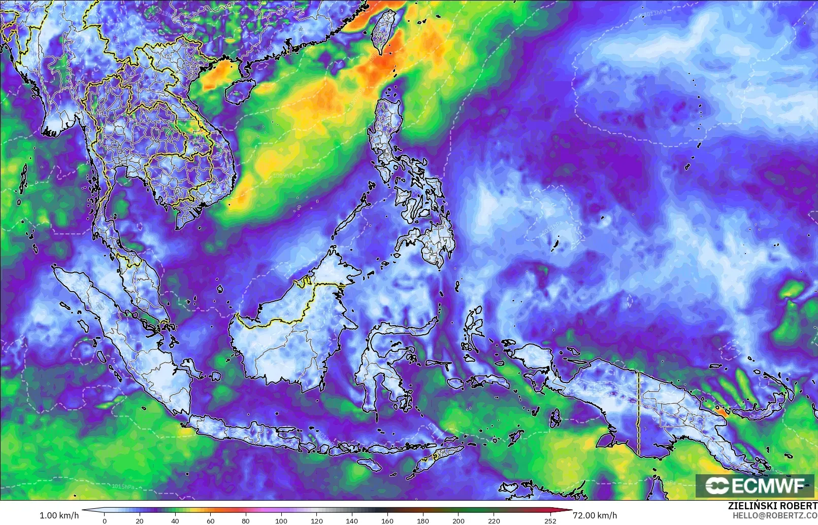 ECMWF IFS 0.25° modelo - Sudeste Asiático, Ráfagas de Viento Máximas