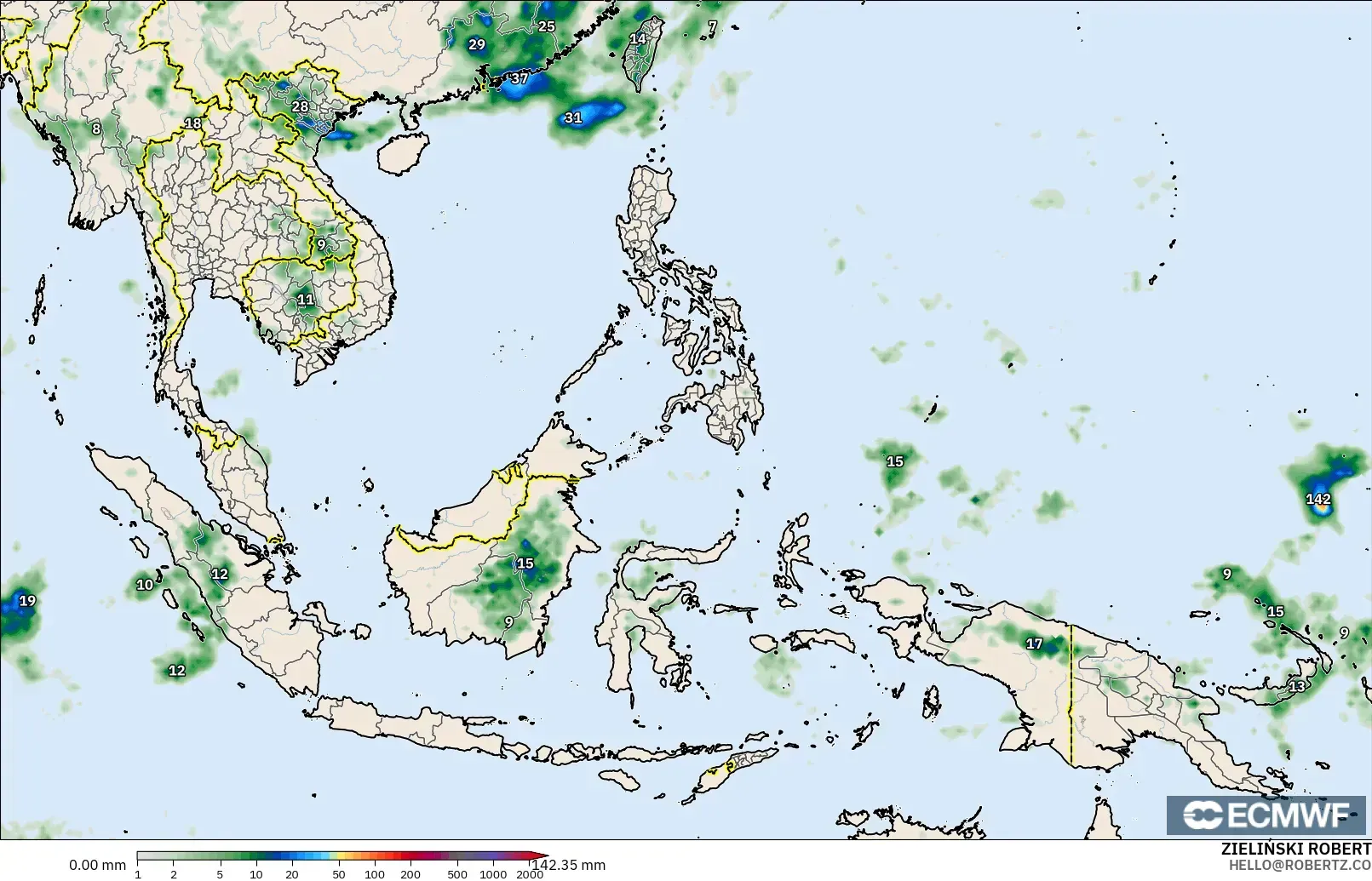 ECMWF IFS 0.25° modelo - Sudeste Asiático, Acumulación de precipitación