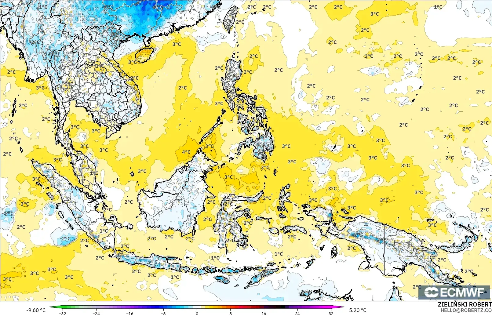ECMWF IFS 0.25° modelo - Sudeste Asiático, Anomalía de temperatura a 2 m