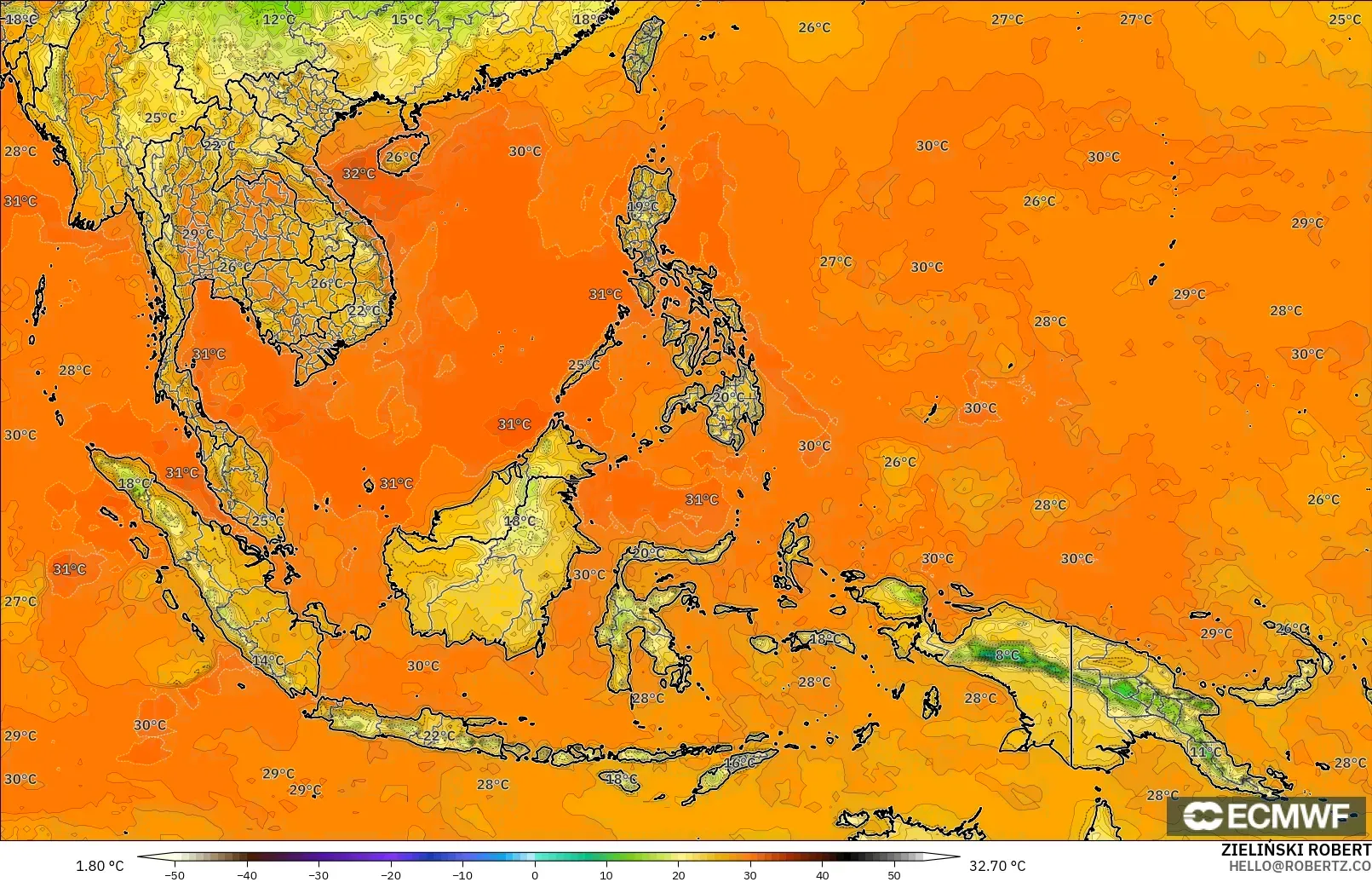ECMWF IFS 0.25° modelo - Sudeste Asiático, Temperatura a 2 m