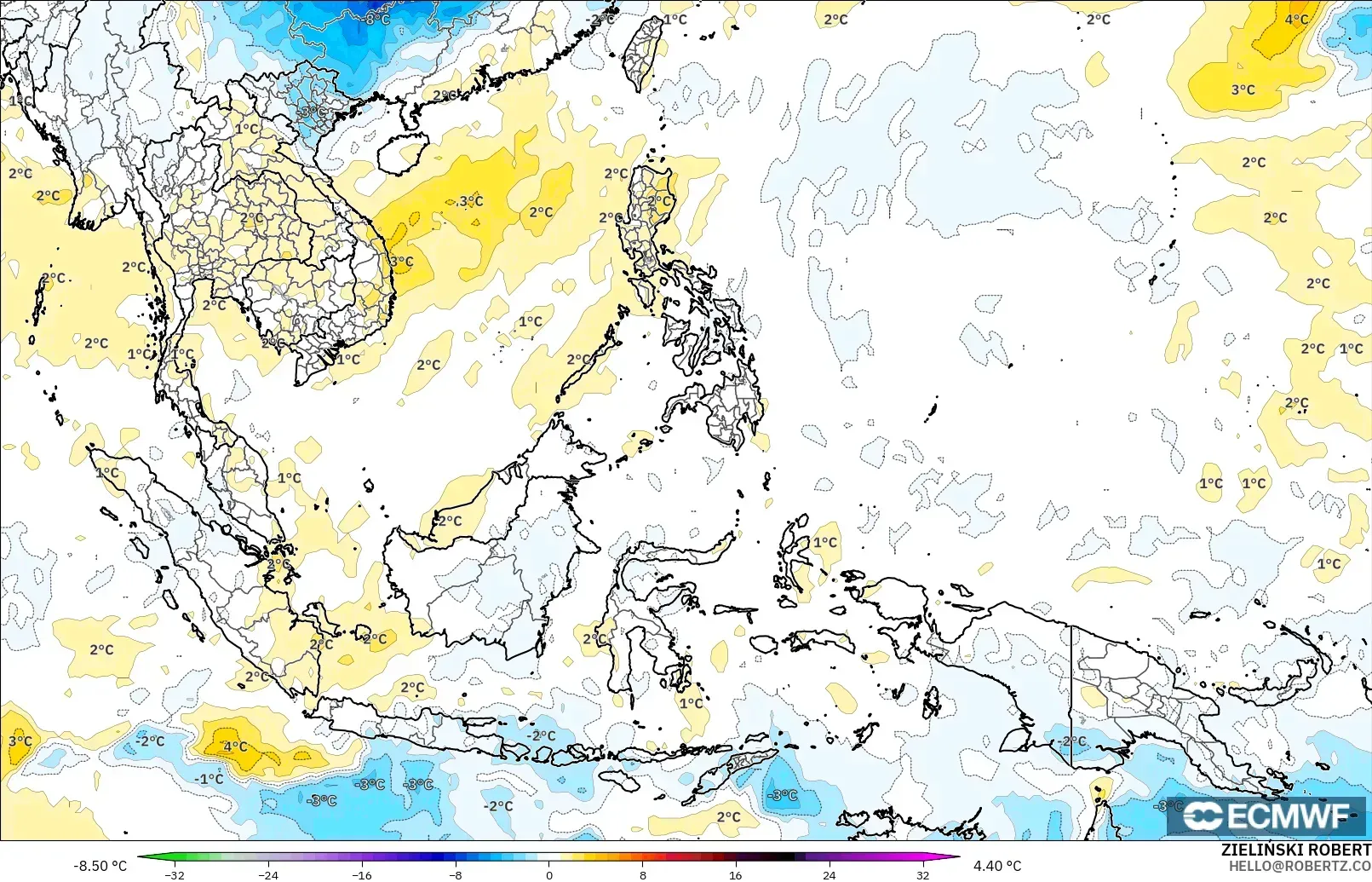 ECMWF IFS 0.25° modelo - Sudeste Asiático, Anomalía de temperatura a 850 hPa