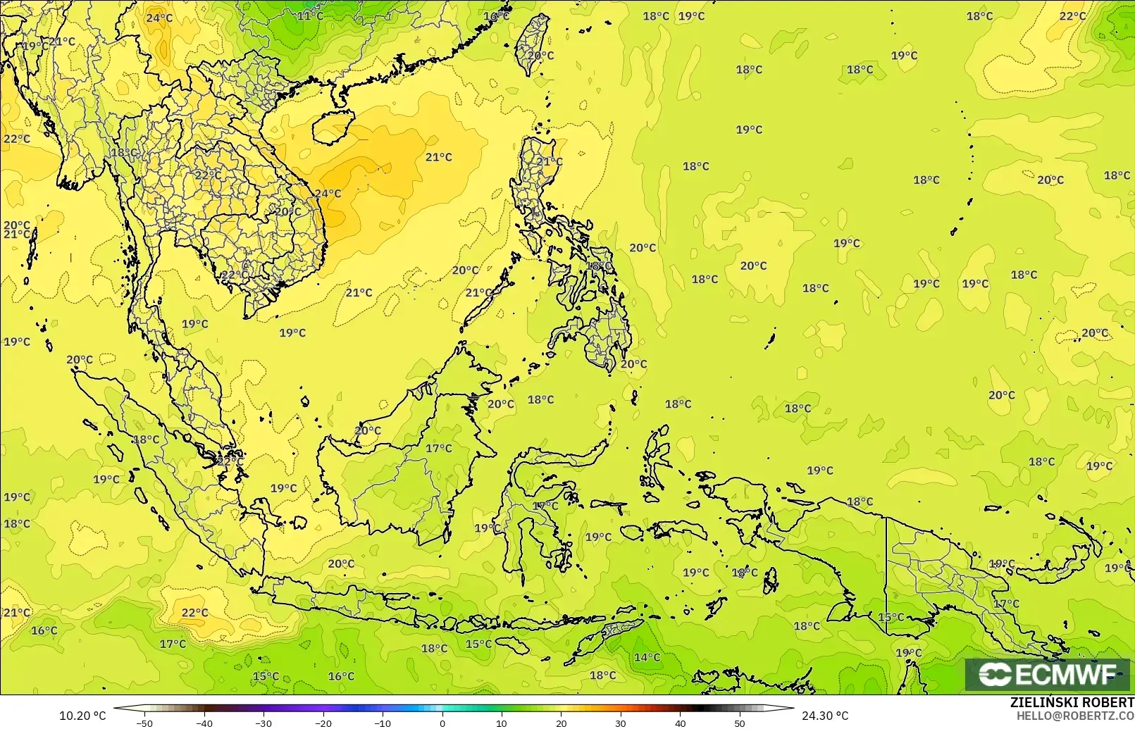 ECMWF IFS 0.25° modelo - Sudeste Asiático, Temperatura a 850 hPa