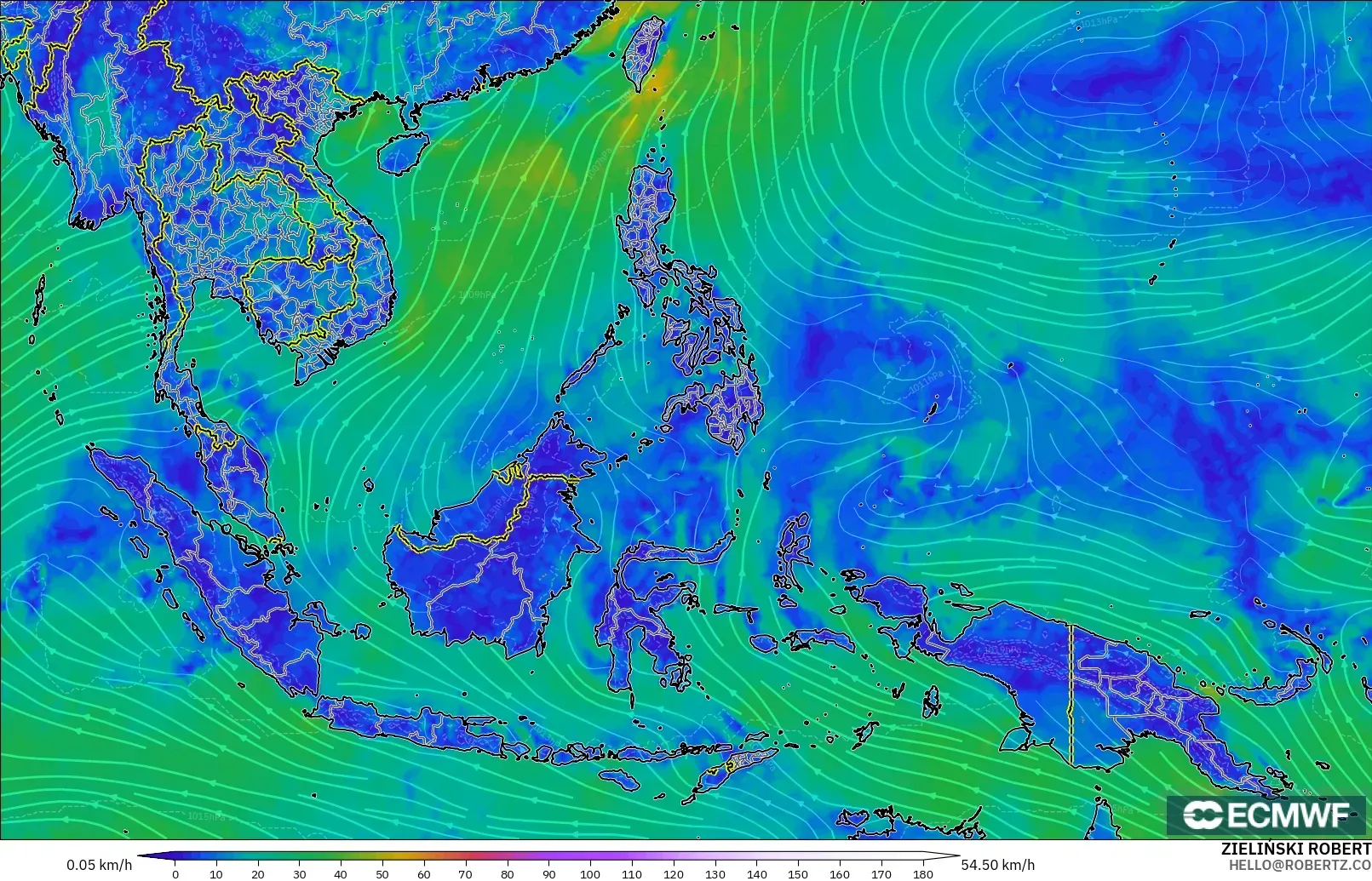 ECMWF IFS 0.25° modelo - Sudeste Asiático, Viento a 10 m