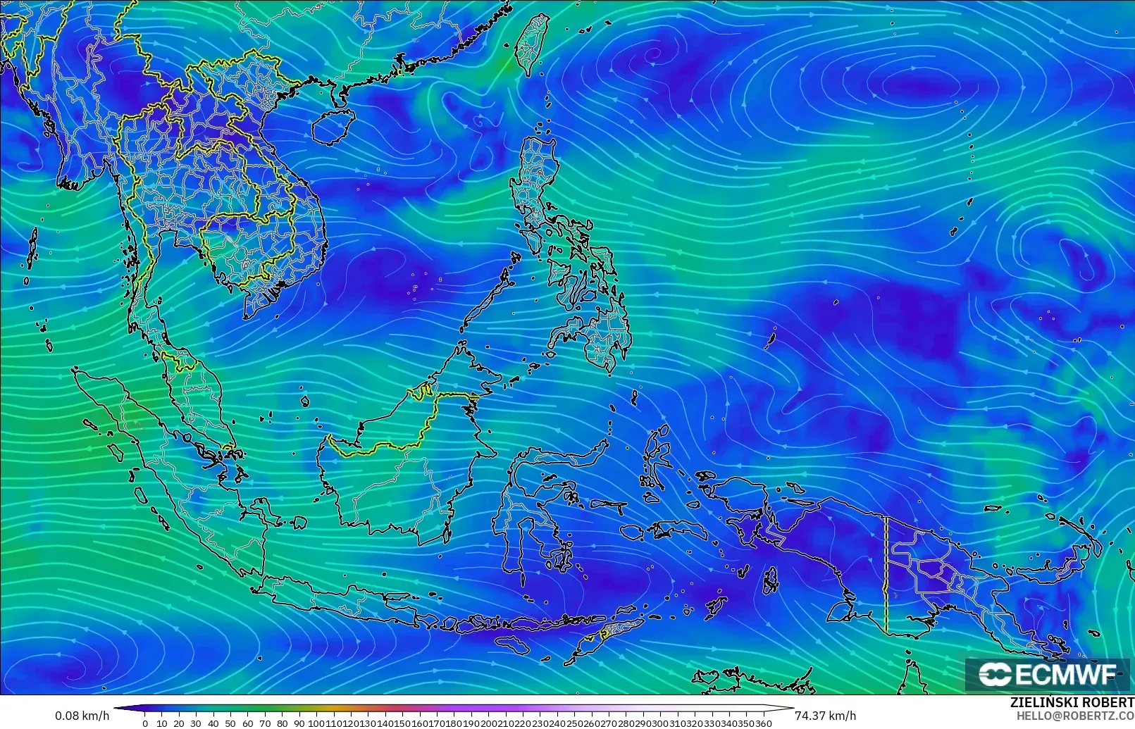 ECMWF IFS 0.25° modelo - Sudeste Asiático, Viento a 300 hPa (corriente en chorro)