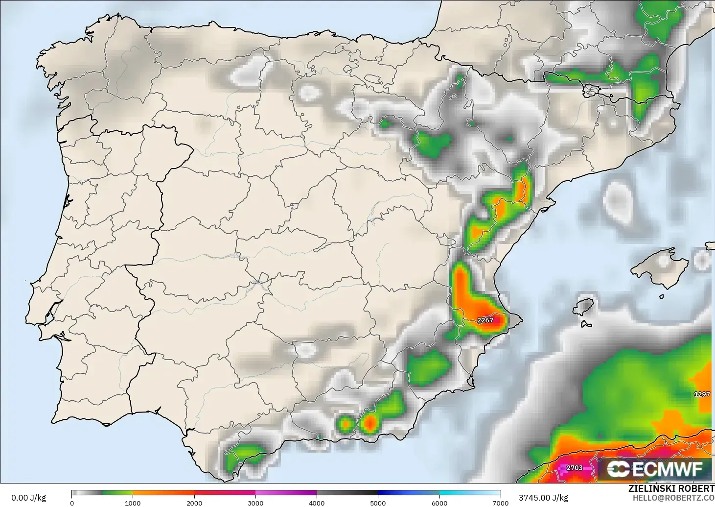 ECMWF IFS 0.25° modelo - España, CAPE