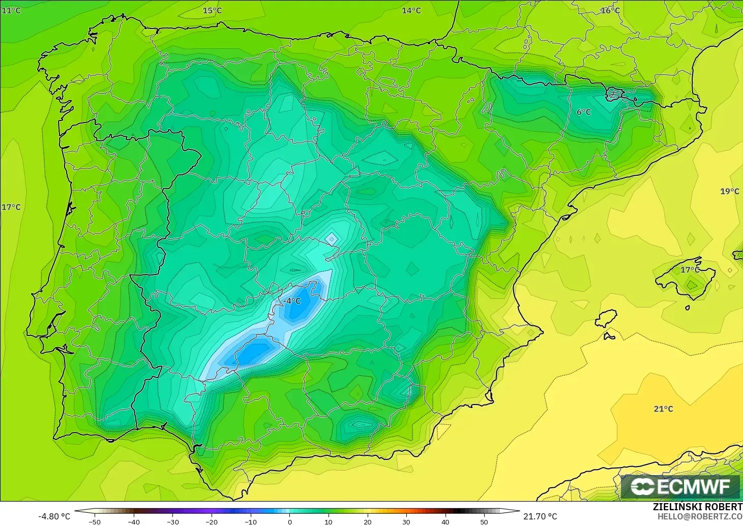 ECMWF IFS 0.25° modelo - España, Punto de rocío a 2 m