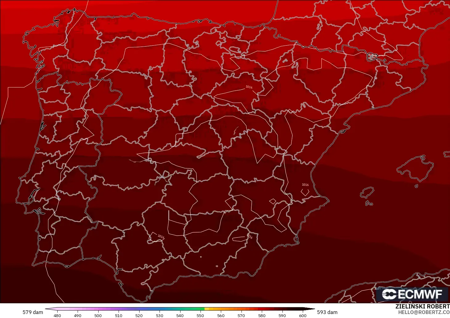 ECMWF IFS 0.25° modelo - España, Altura geopotencial a 500 hPa