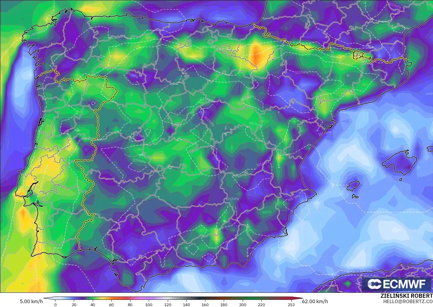 ECMWF IFS 0.25° modelo - España, Ráfagas de viento