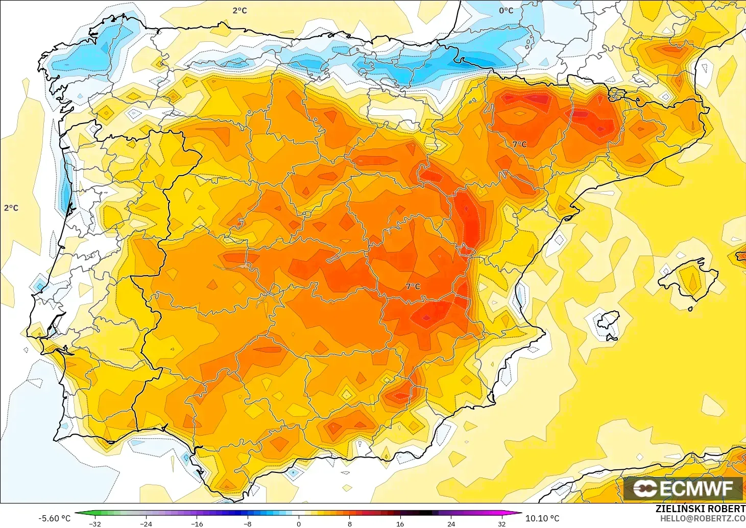 ECMWF IFS 0.25° modelo - España, Anomalía de temperatura a 2 m