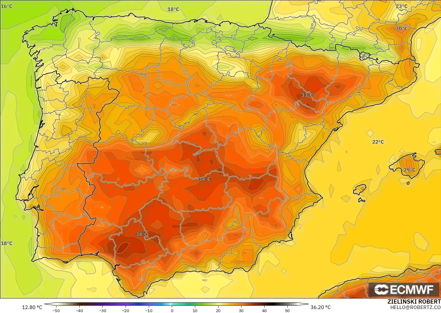 ECMWF IFS 0.25° modelo - España, Temperatura a 2 m