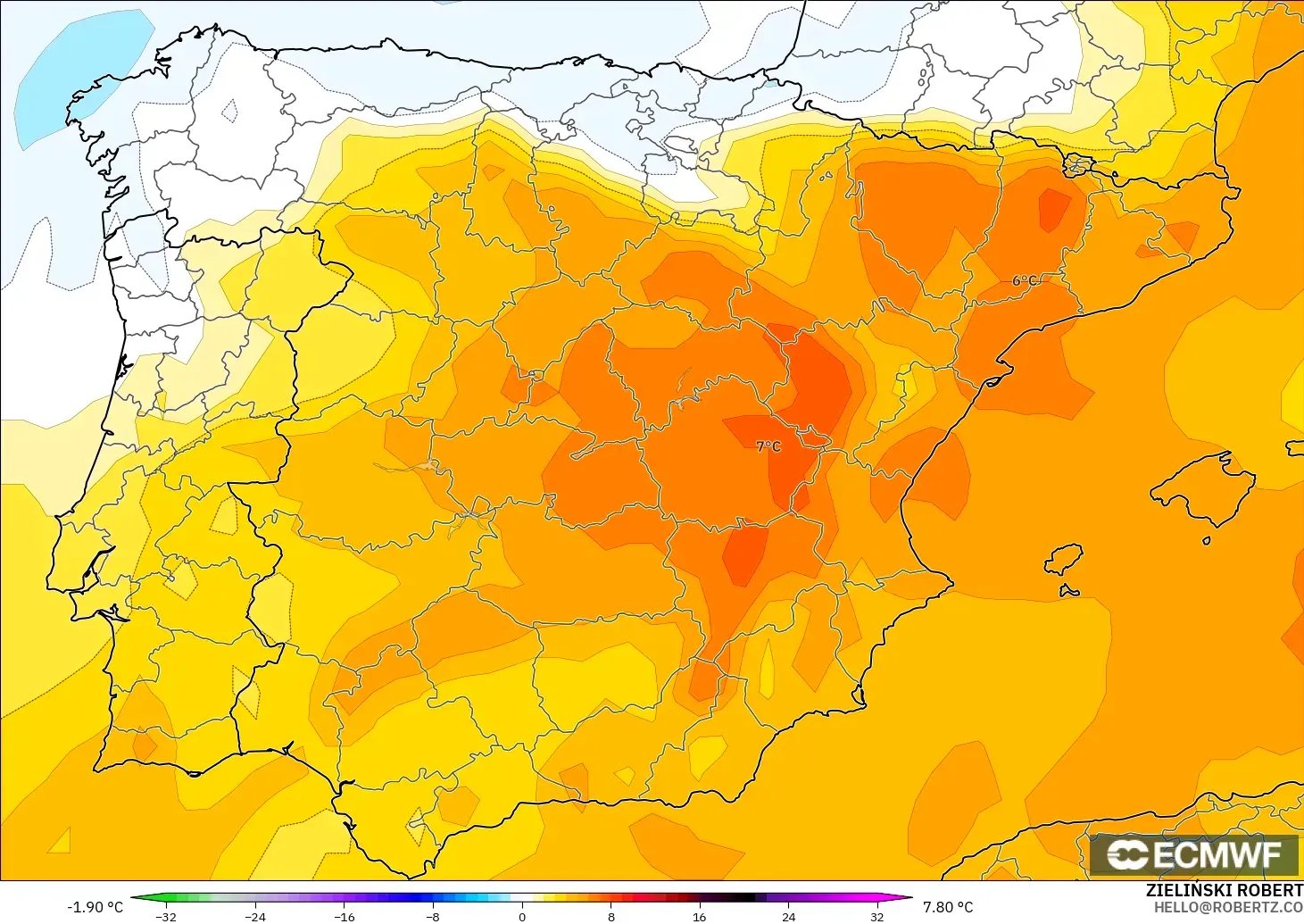 ECMWF IFS 0.25° modelo - España, Anomalía de temperatura a 850 hPa