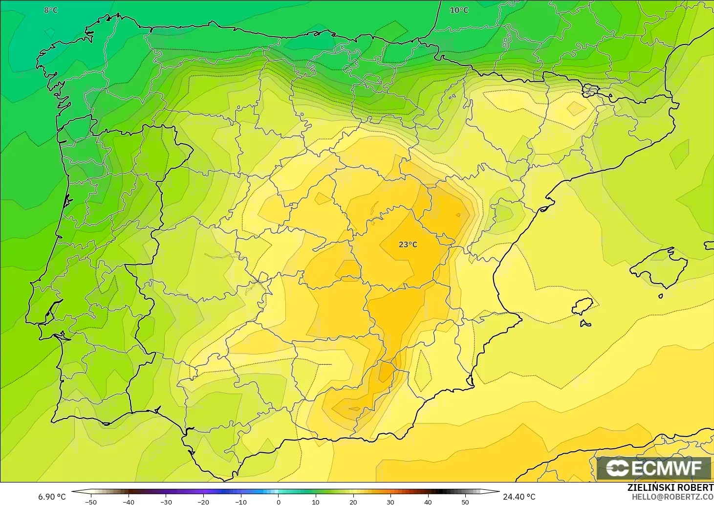 ECMWF IFS 0.25° modelo - España, Temperatura a 850 hPa