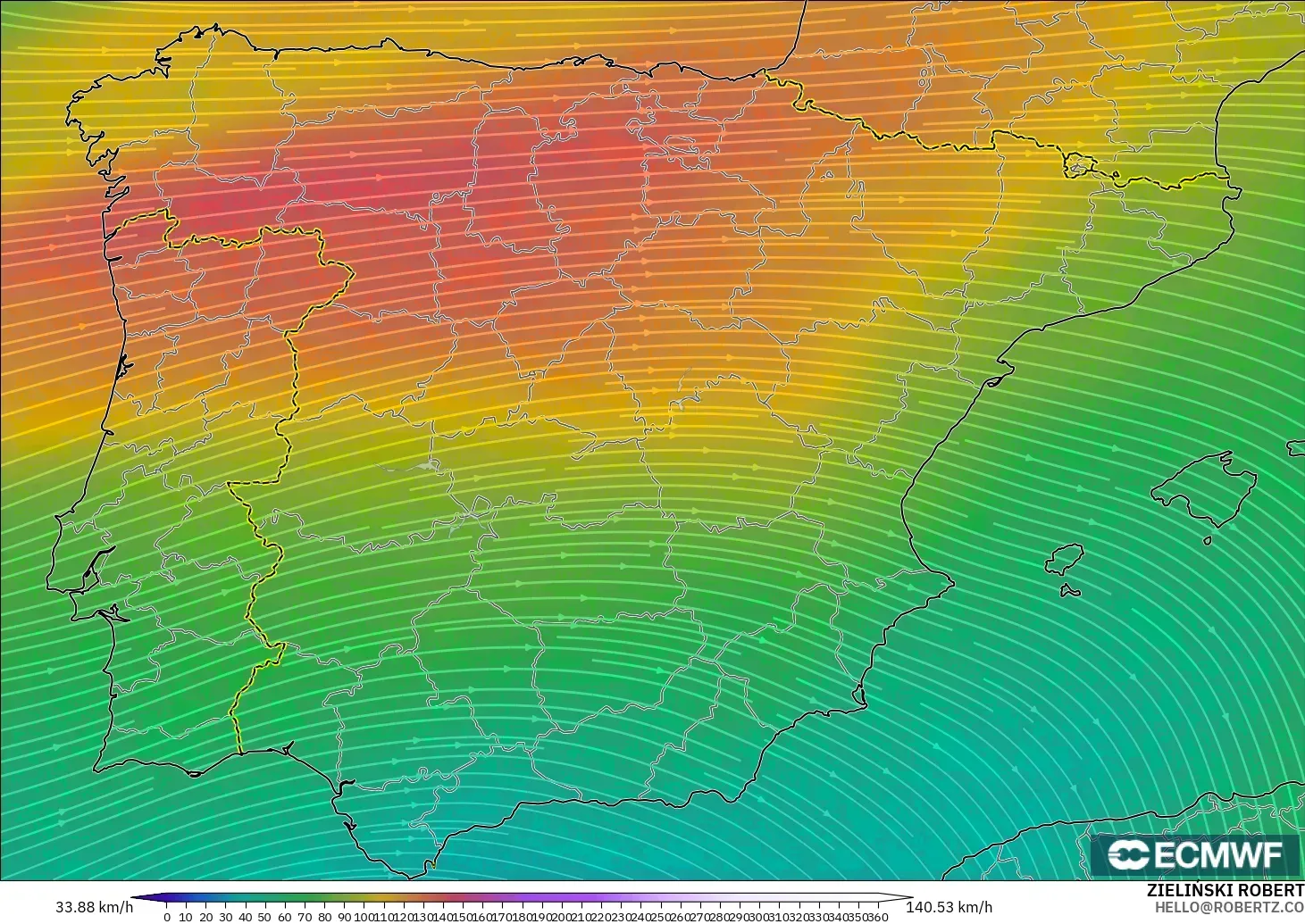 ECMWF IFS 0.25° modelo - España, Viento a 300 hPa (corriente en chorro)