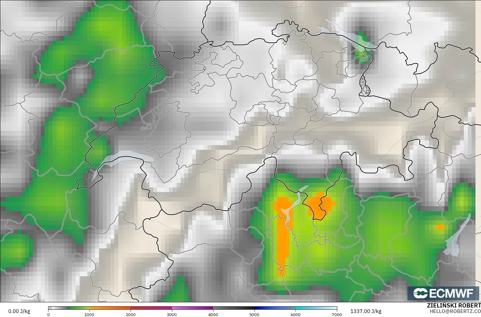 ECMWF IFS 0.25° modelo - Suiza, CAPE