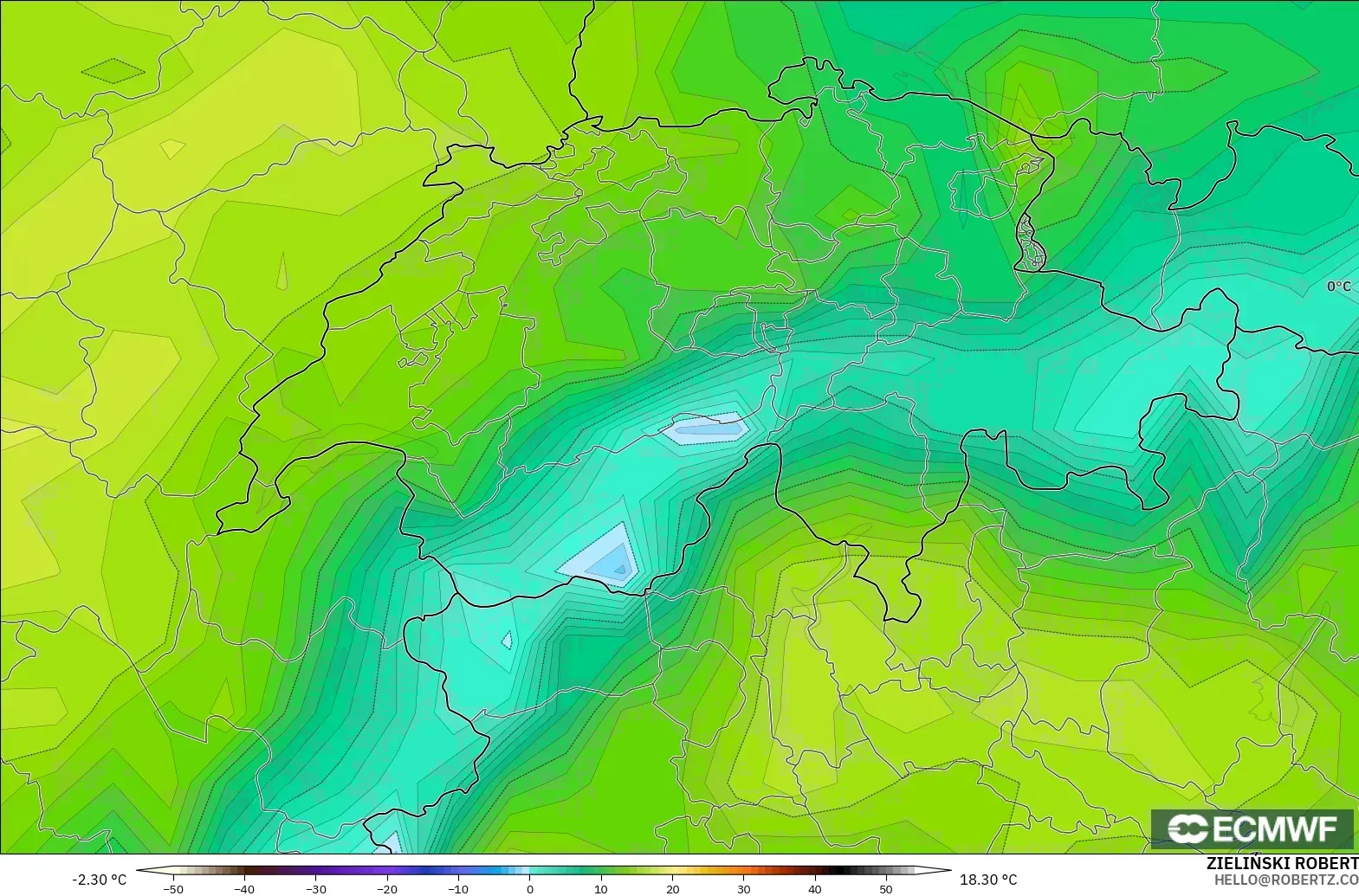 ECMWF IFS 0.25° modelo - Suiza, Punto de rocío a 2 m