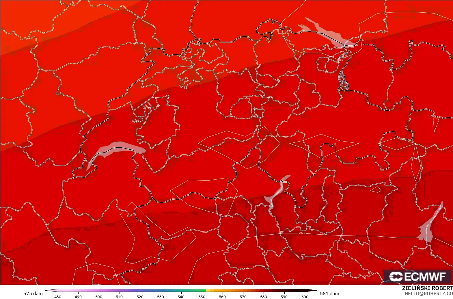 ECMWF IFS 0.25° modelo - Suiza, Altura geopotencial a 500 hPa
