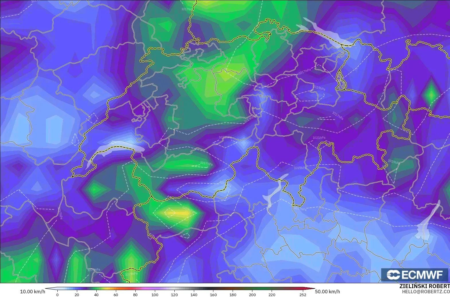 ECMWF IFS 0.25° modelo - Suiza, Ráfagas de viento