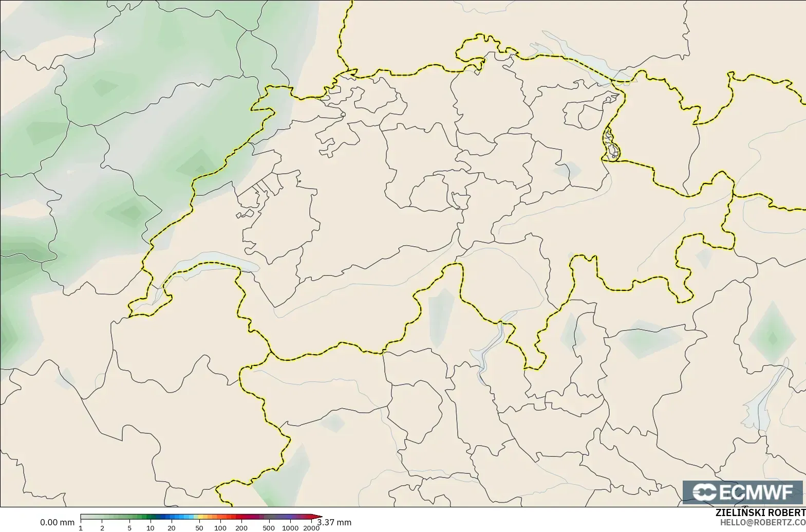 ECMWF IFS 0.25° modelo - Suiza, Acumulación de precipitación