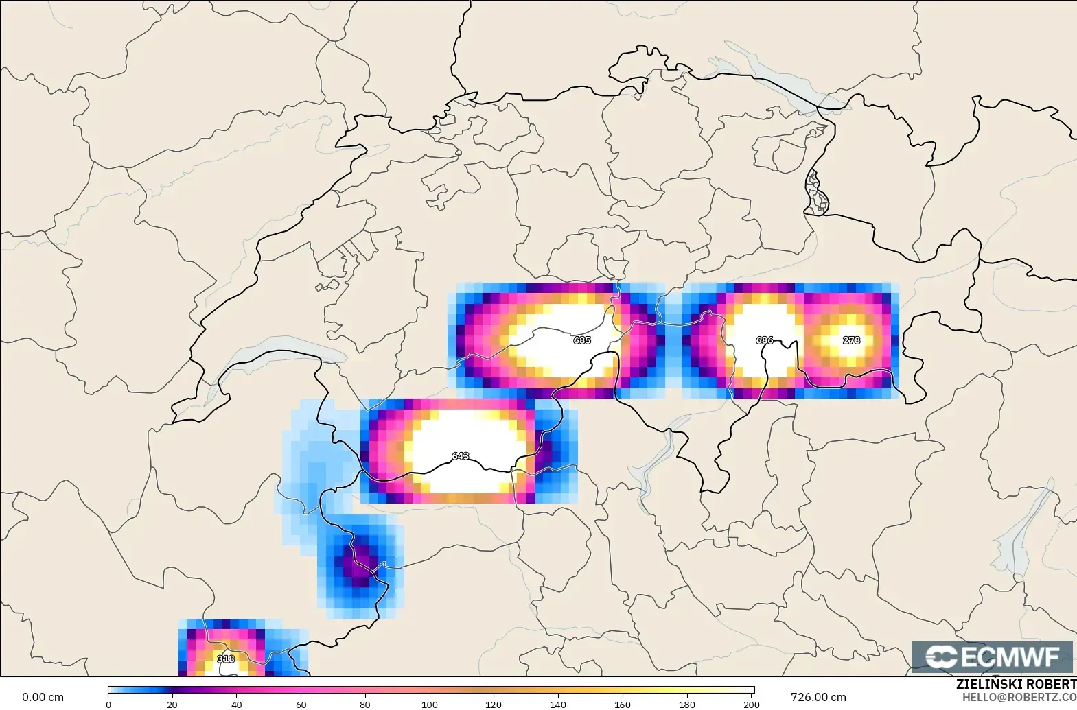 ECMWF IFS 0.25° modelo - Suiza, Profundidad de nieve