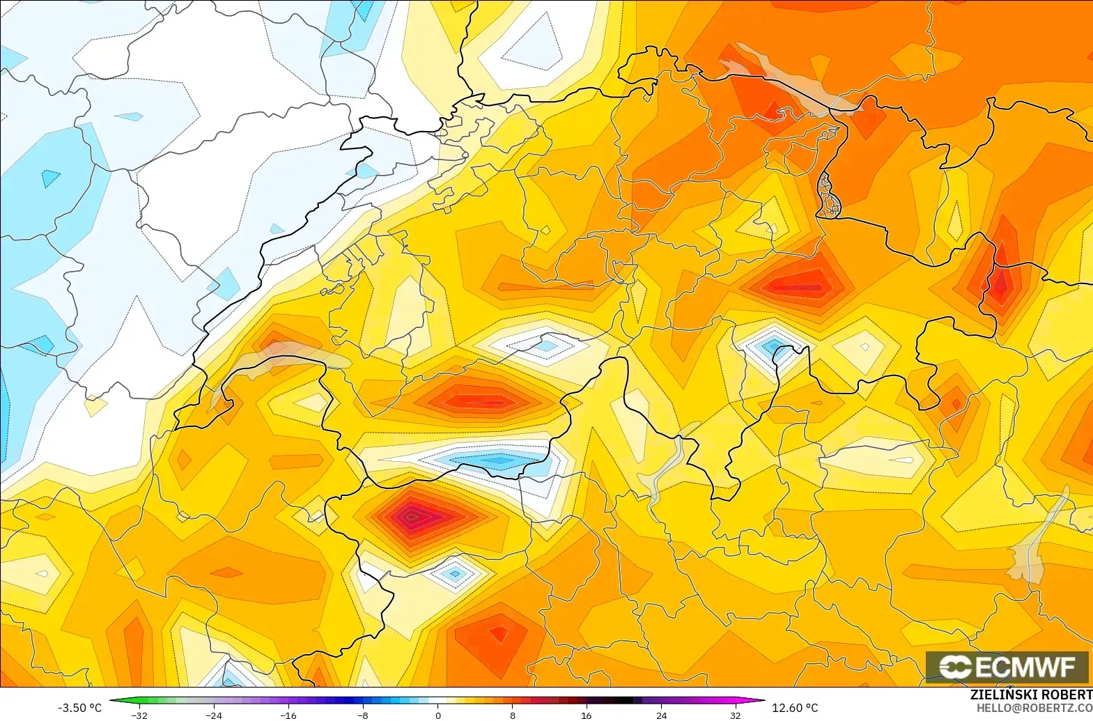 ECMWF IFS 0.25° modelo - Suiza, Anomalía de temperatura a 2 m
