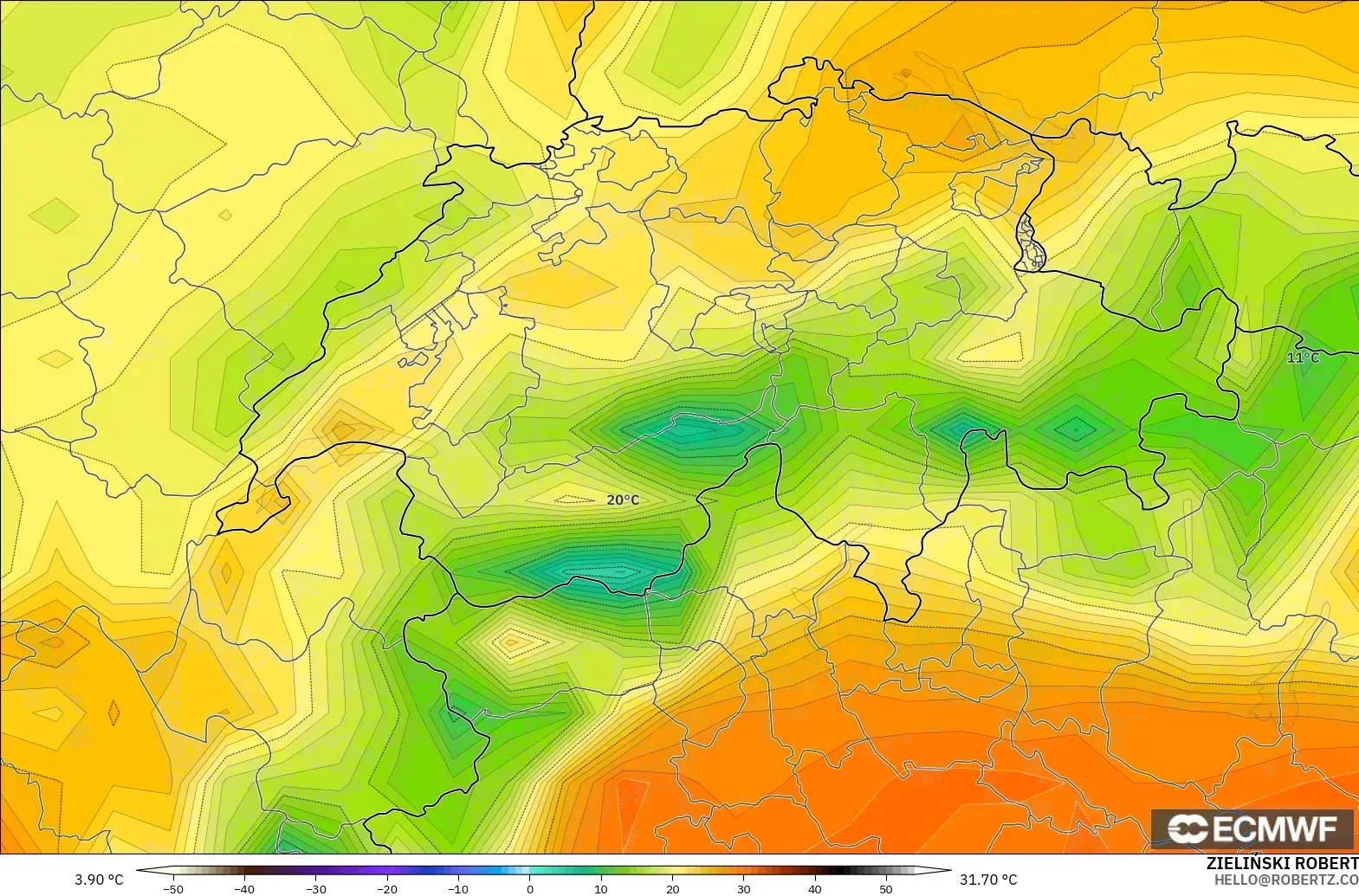 ECMWF IFS 0.25° modelo - Suiza, Temperatura a 2 m