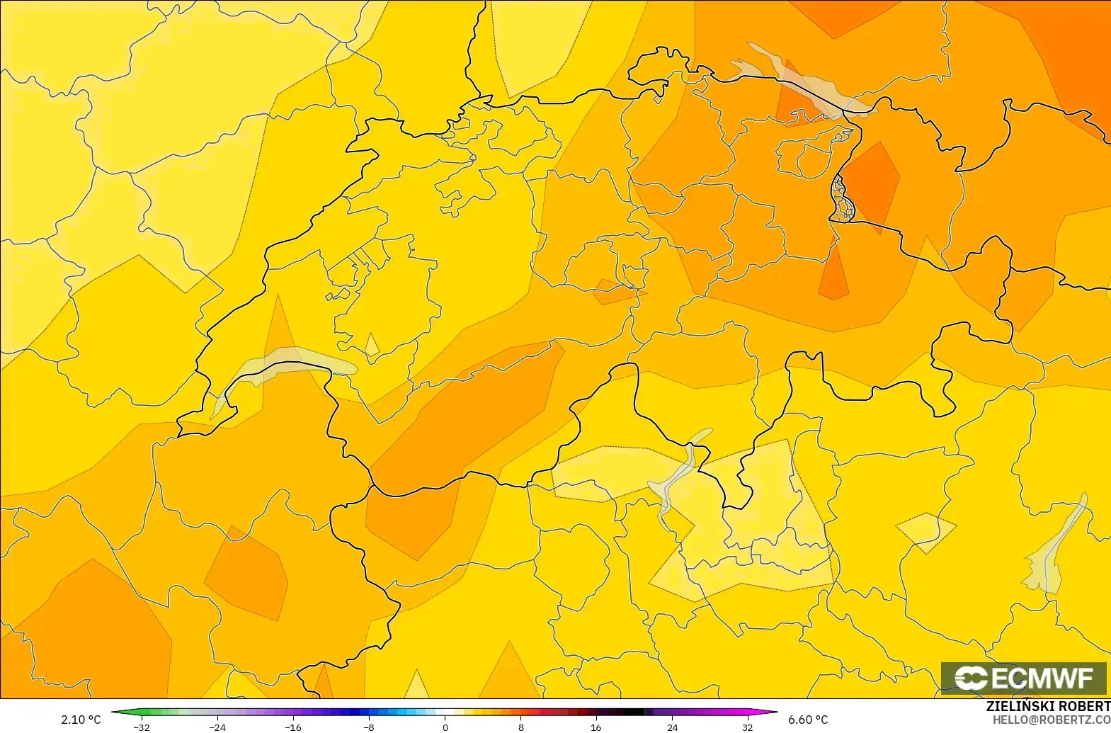 ECMWF IFS 0.25° modelo - Suiza, Anomalía de temperatura a 850 hPa