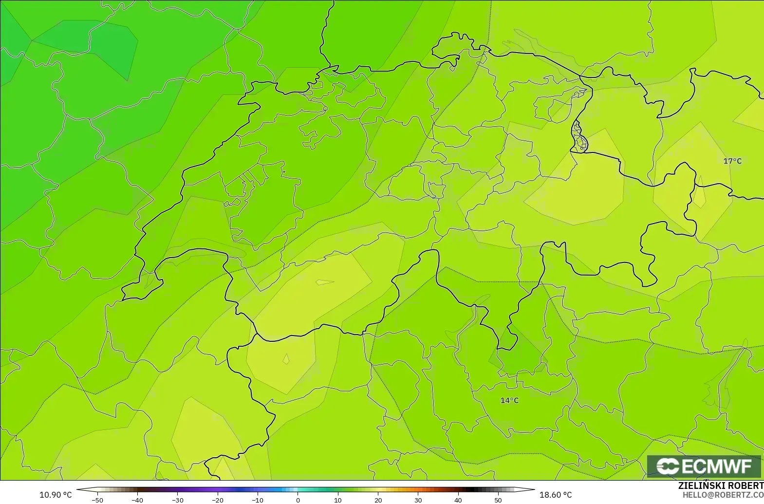 ECMWF IFS 0.25° modelo - Suiza, Temperatura a 850 hPa