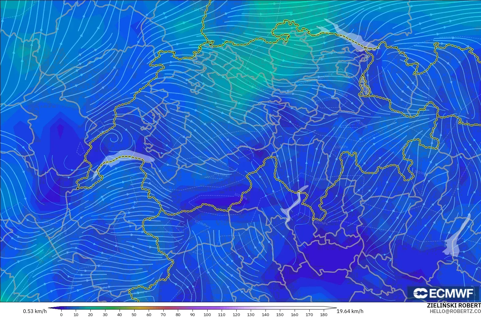 ECMWF IFS 0.25° modelo - Suiza, Viento a 10 m