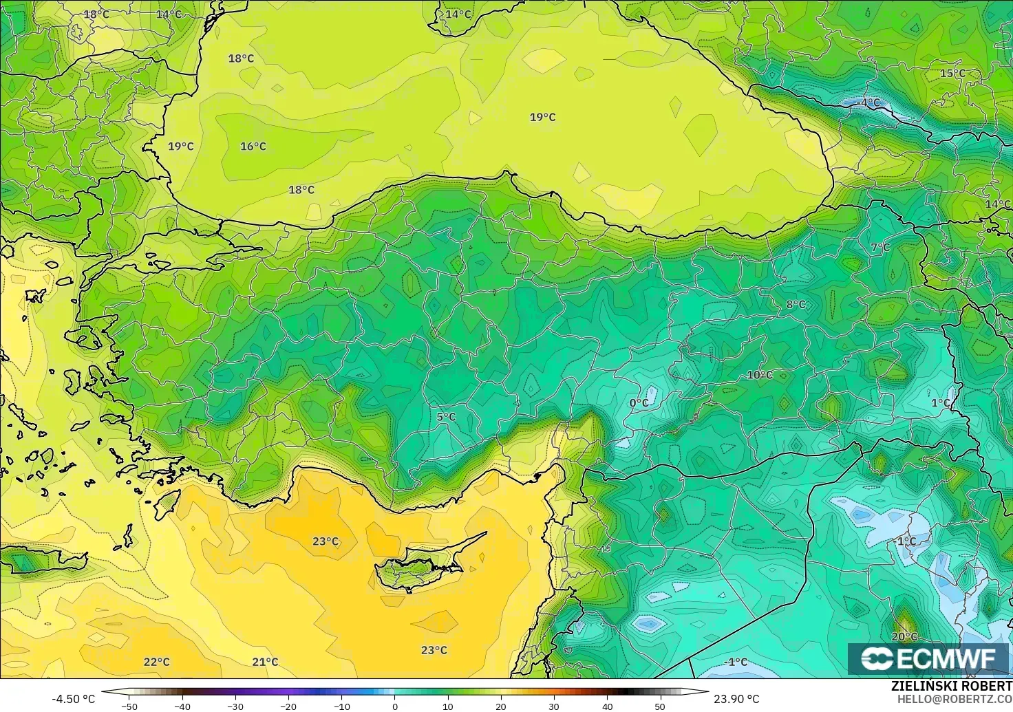 ECMWF IFS 0.25° modelo - Turquía, Punto de rocío a 2 m