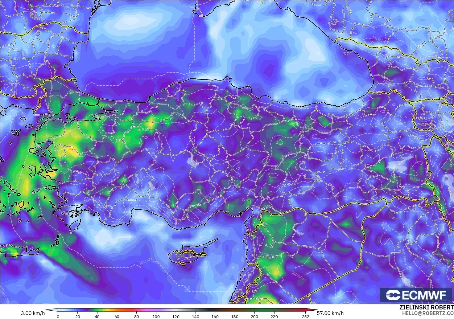 ECMWF IFS 0.25° modelo - Turquía, Ráfagas de viento