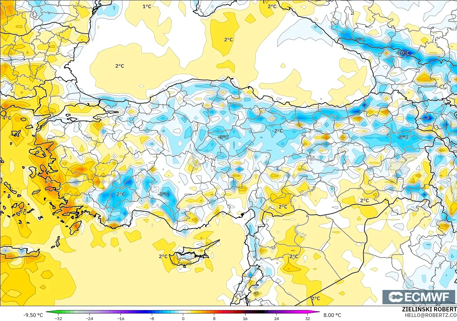 ECMWF IFS 0.25° modelo - Turquía, Anomalía de temperatura a 2 m
