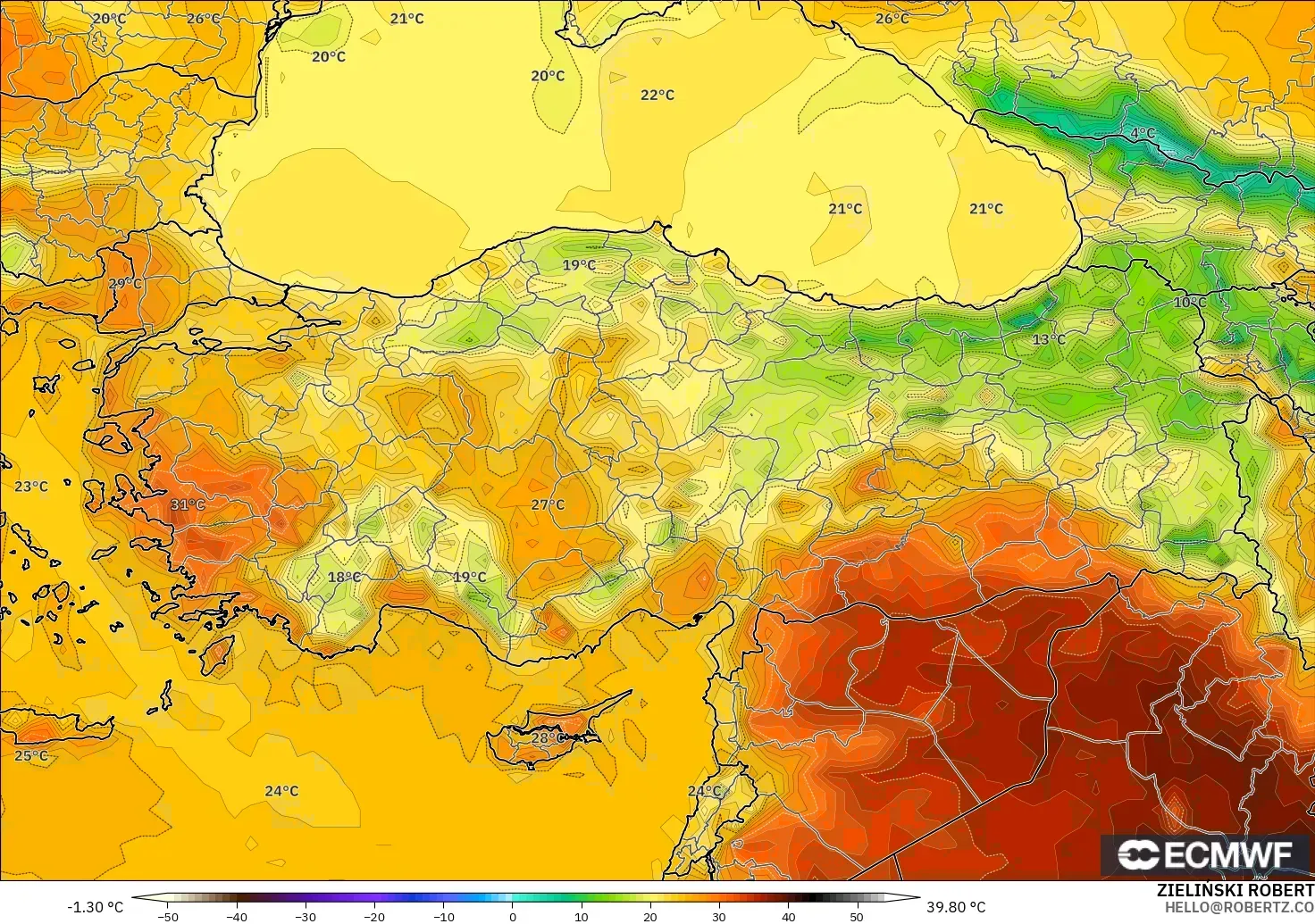 ECMWF IFS 0.25° modelo - Turquía, Temperatura a 2 m