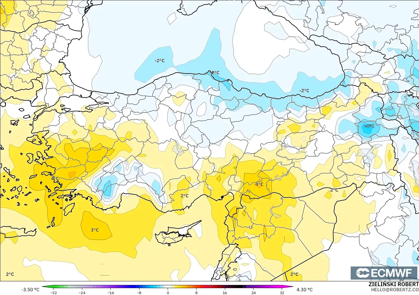 ECMWF IFS 0.25° modelo - Turquía, Anomalía de temperatura a 850 hPa