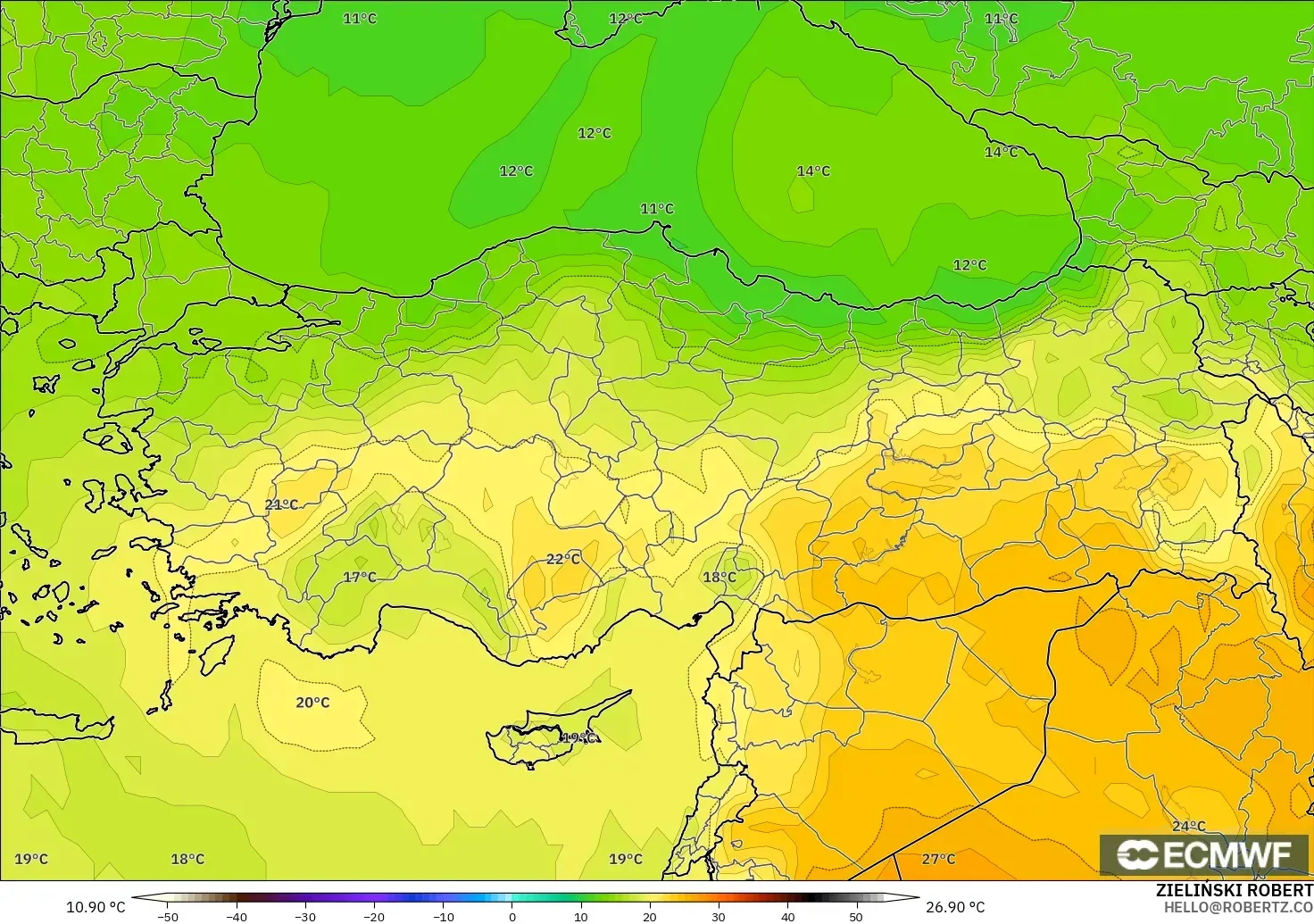ECMWF IFS 0.25° modelo - Turquía, Temperatura a 850 hPa