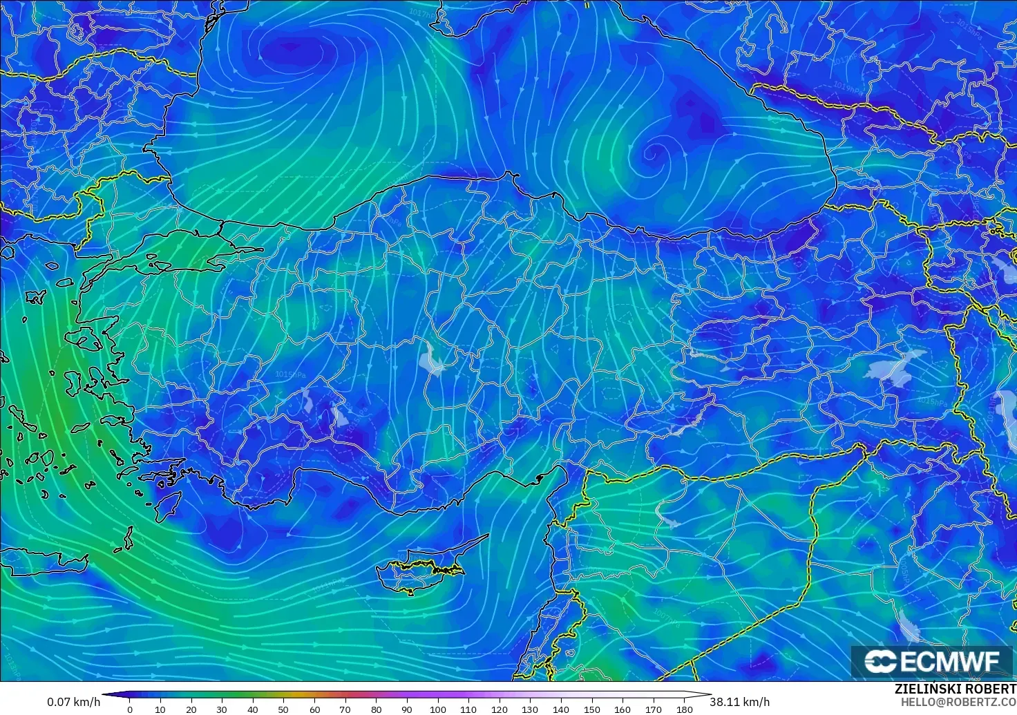ECMWF IFS 0.25° modelo - Turquía, Viento a 10 m