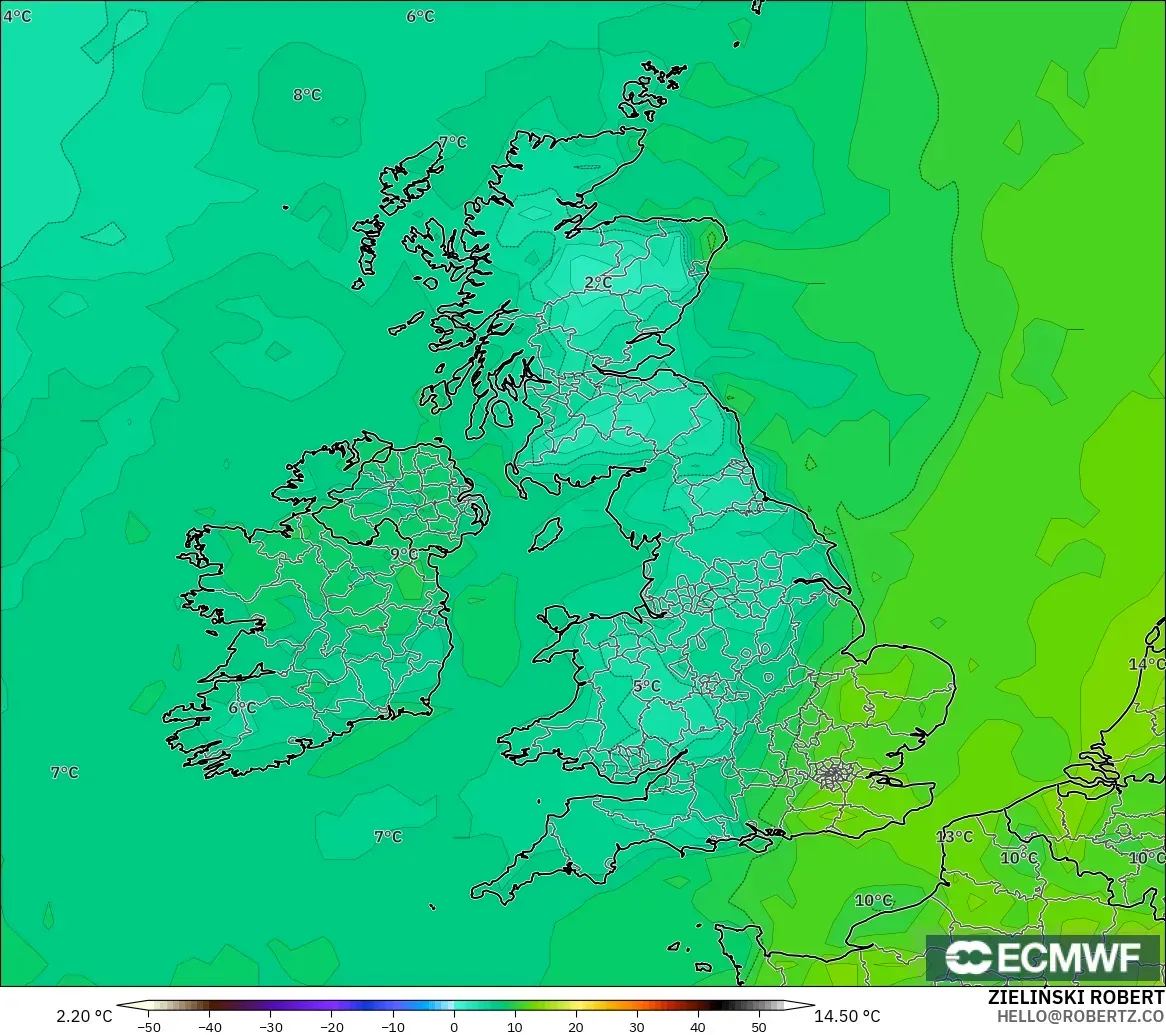 ECMWF IFS 0.25° modelo - Reino Unido, Punto de rocío a 2 m