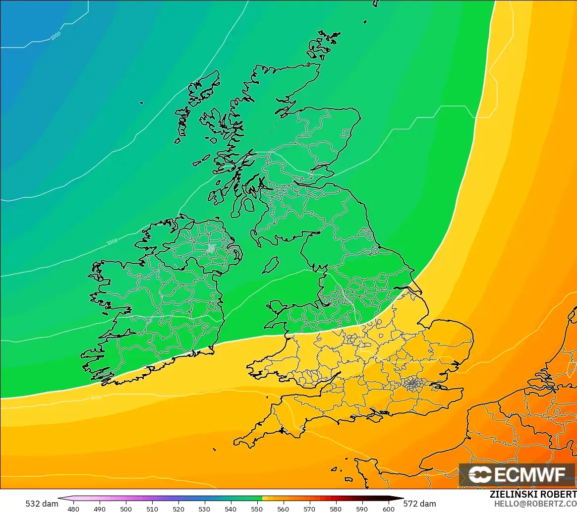 ECMWF IFS 0.25° modelo - Reino Unido, Altura geopotencial a 500 hPa