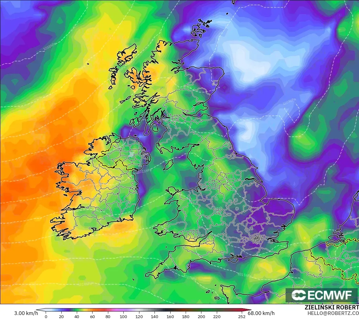 ECMWF IFS 0.25° modelo - Reino Unido, Ráfagas de viento