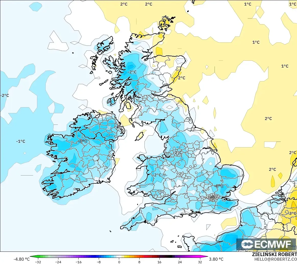 ECMWF IFS 0.25° modelo - Reino Unido, Anomalía de temperatura a 2 m