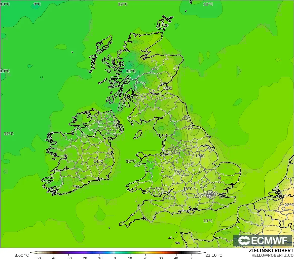 ECMWF IFS 0.25° modelo - Reino Unido, Temperatura a 2 m