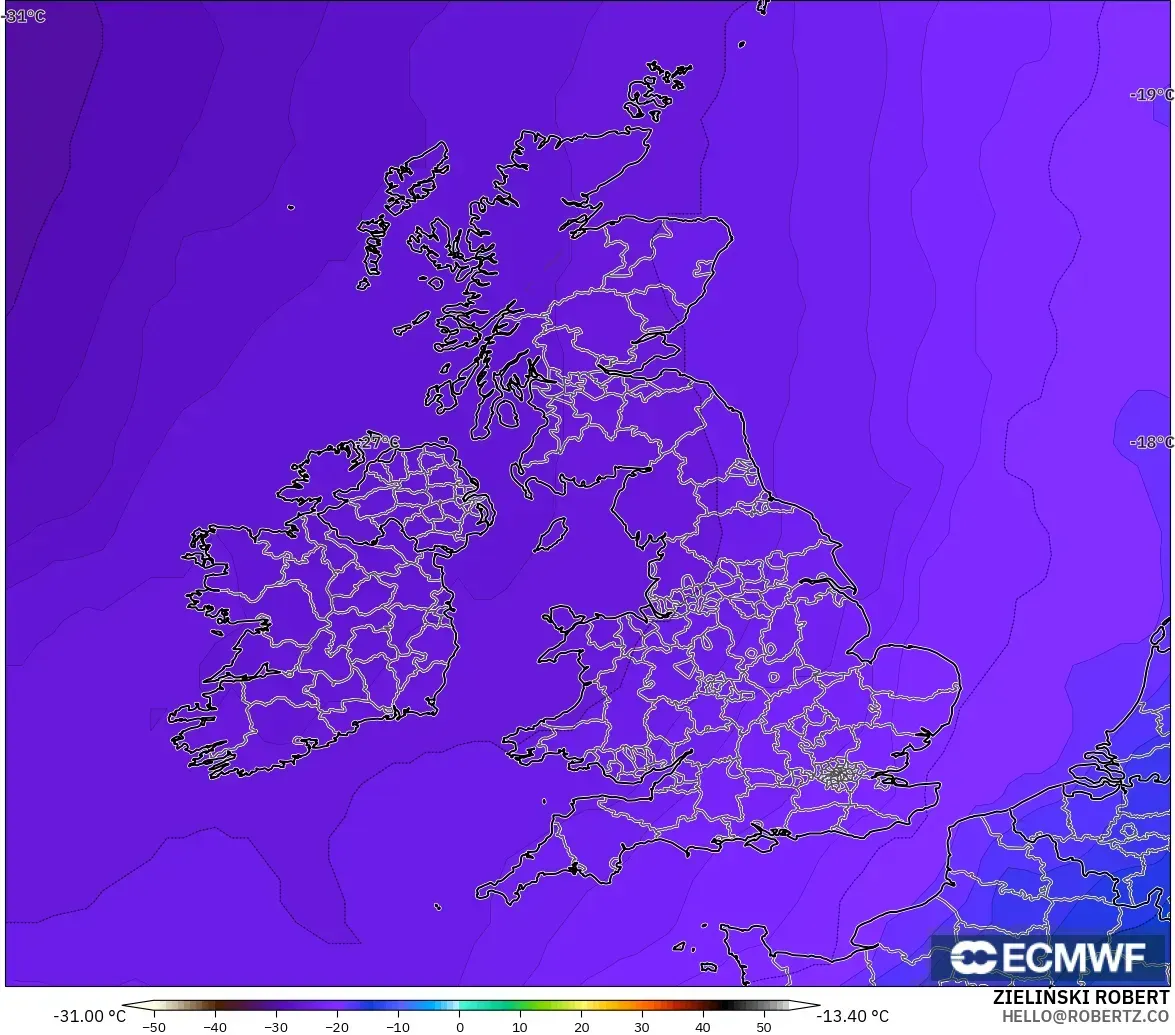 ECMWF IFS 0.25° modelo - Reino Unido, Temperatura a 500 hPa