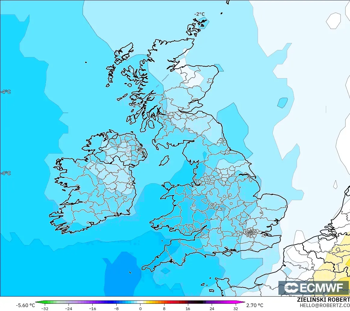 ECMWF IFS 0.25° modelo - Reino Unido, Anomalía de temperatura a 850 hPa