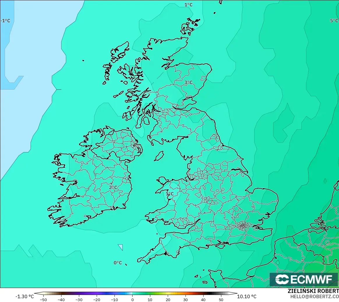 ECMWF IFS 0.25° modelo - Reino Unido, Temperatura a 850 hPa