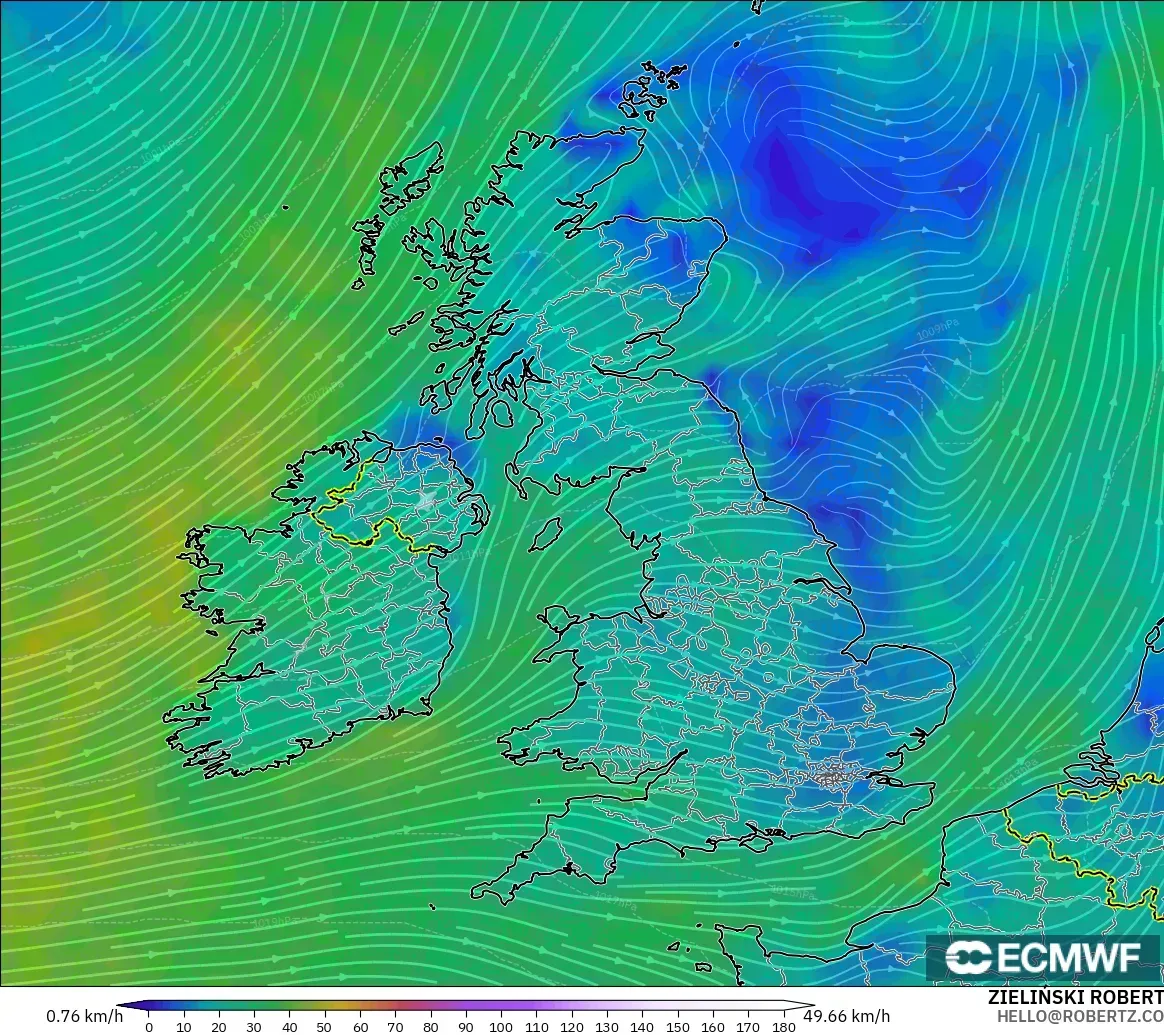 ECMWF IFS 0.25° modelo - Reino Unido, Viento a 10 m