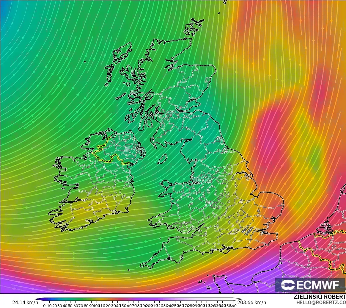 ECMWF IFS 0.25° modelo - Reino Unido, Viento a 300 hPa (corriente en chorro)