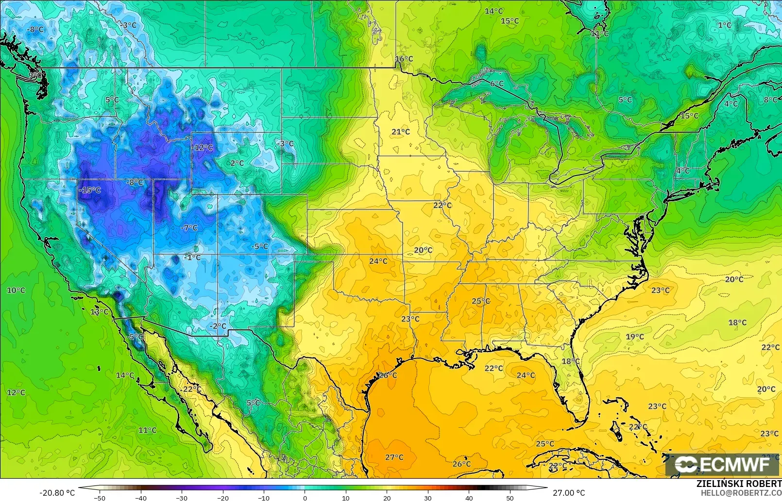 ECMWF IFS 0.25° modelo - Estados Unidos, Punto de rocío a 2 m