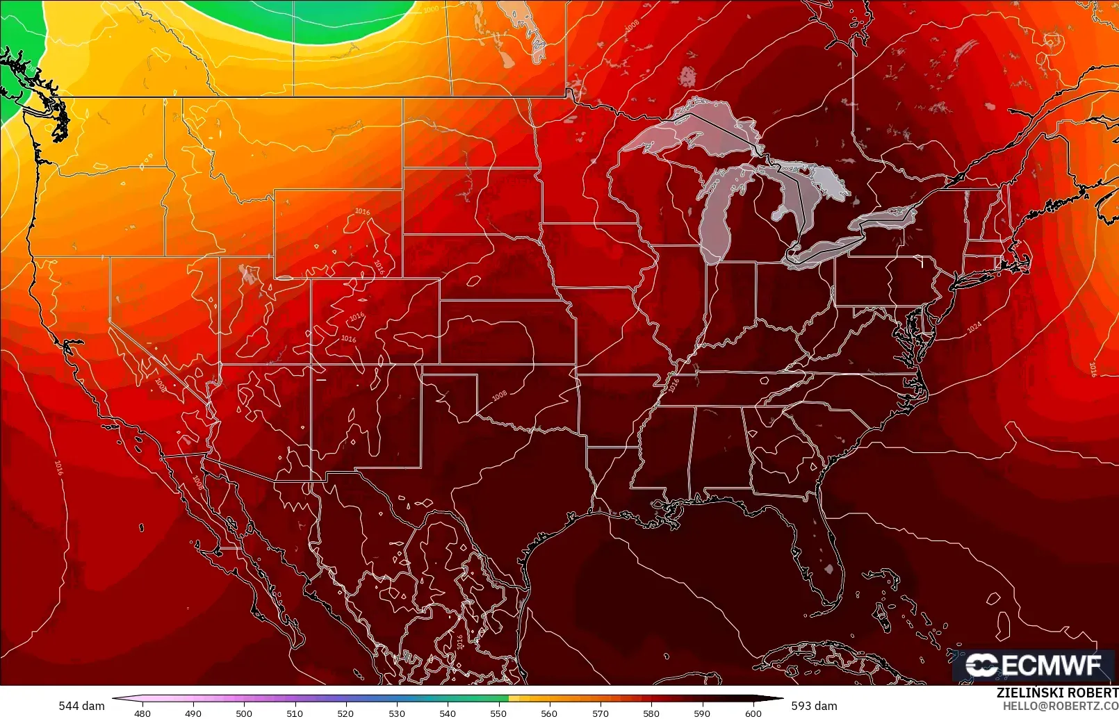 ECMWF IFS 0.25° modelo - Estados Unidos, Altura geopotencial a 500 hPa