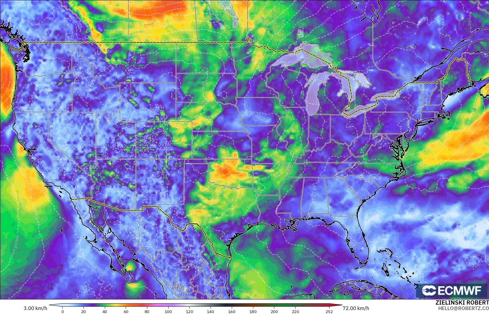 ECMWF IFS 0.25° modelo - Estados Unidos, Ráfagas de Viento Máximas