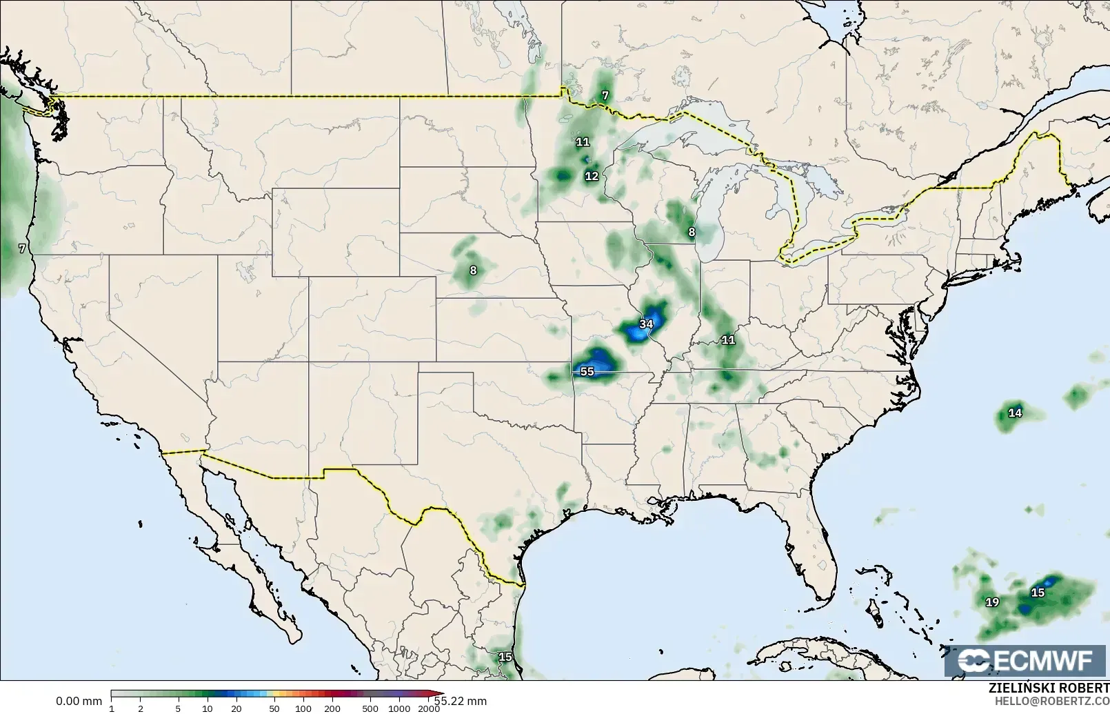 ECMWF IFS 0.25° modelo - Estados Unidos, Acumulación de precipitación